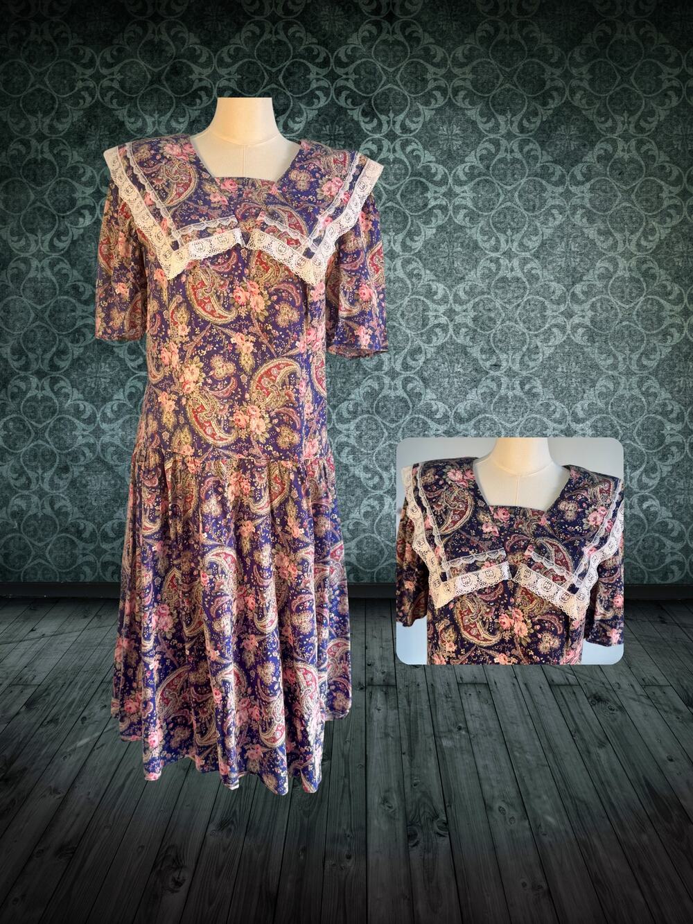 Volup Vintage 80s Lady Dorby Purple Paisley Lace Collar Drop Waist Dress 20W